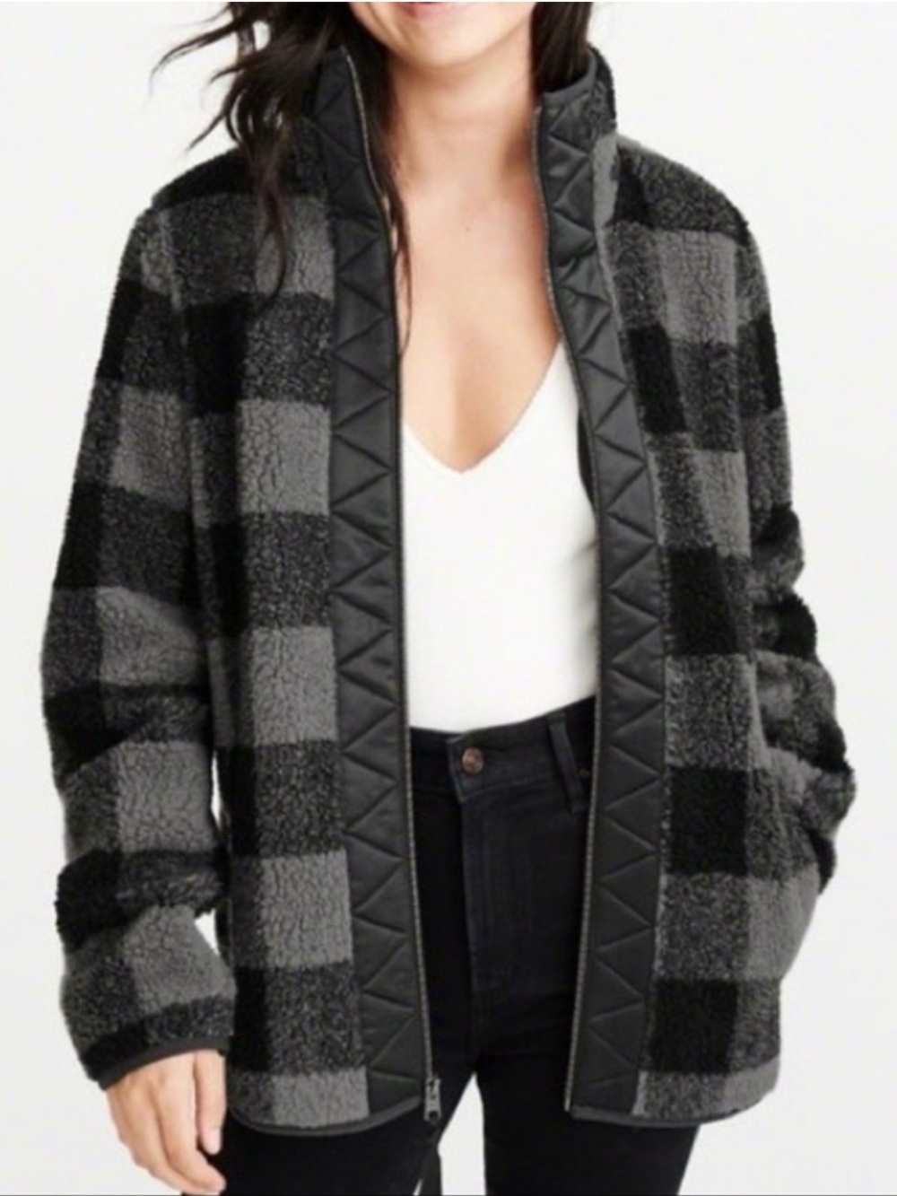 Abercrombie & Fitch Black and Gray Plaid Teddy Jacket